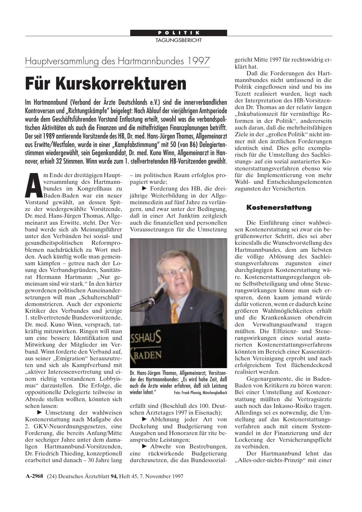 Vorschauseite 1: Hauptversammlung des Hartmannbundes 1997: Für Kurskorrekturen