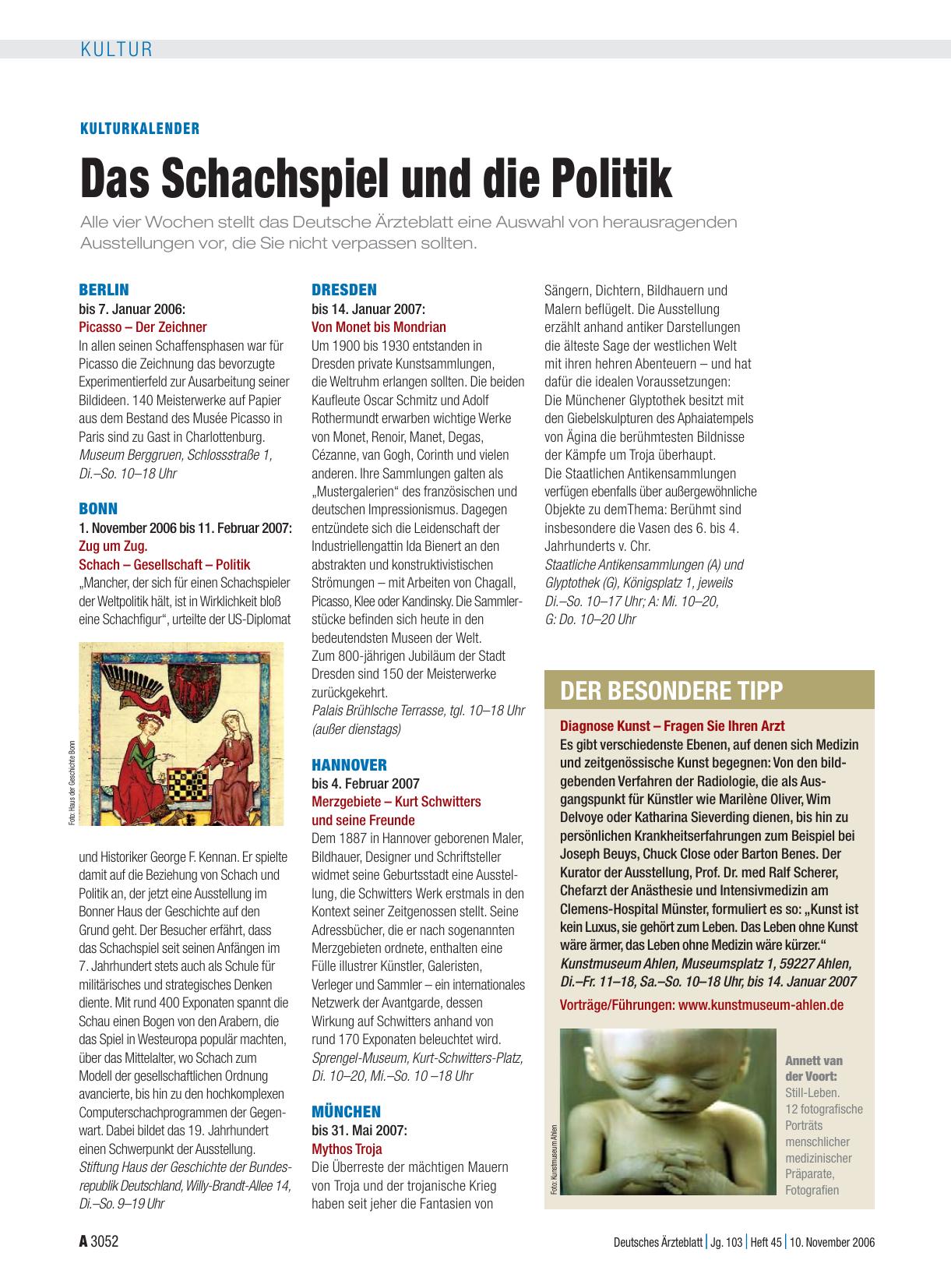 Vorschauseite 1: KULTURkalender: Das Schachspiel und die Politik