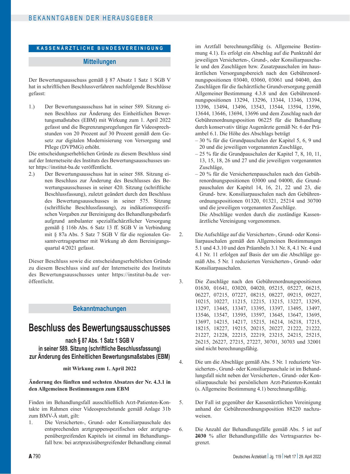 Vorschauseite 1: Beschluss des Bewertungsausschusses nach § 87 Abs. 1 Satz 1 SGB V in seiner 589. Sitzung (schriftliche Beschlussfassung) zur Änderung des Einheitlichen Bewertungsmaßstabes (EBM)
