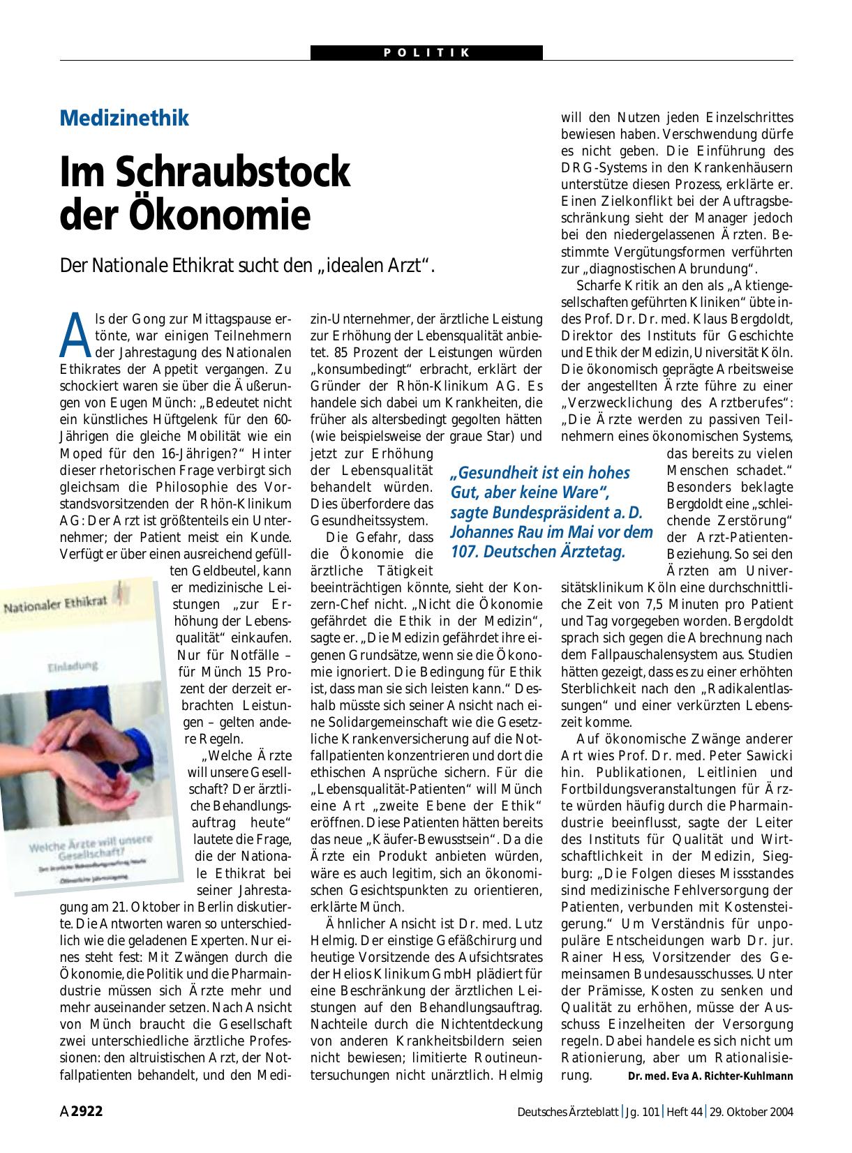Vorschauseite 1: Medizinethik: Im Schraubstock der Ökonomie