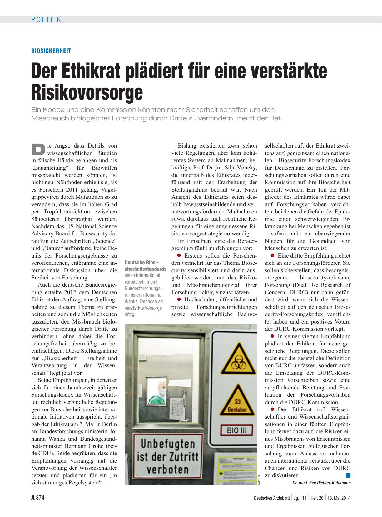 Vorschauseite 1: Biosicherheit: Der Ethikrat plädiert für eine verstärkte Risikovorsorge