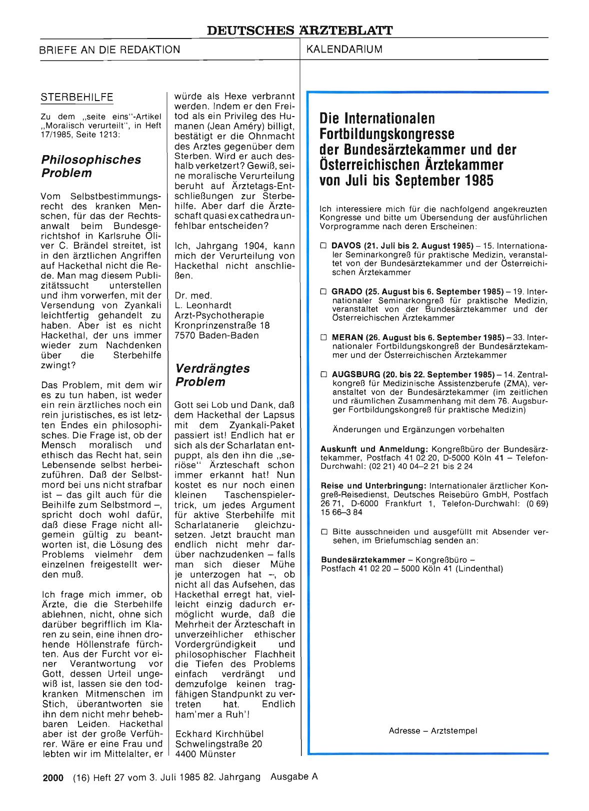 Vorschauseite 1: Die Internationalen Fortbildungskongresse der Bundesärztekammer und der Österreichischen Ärztekammer von Juli bis September 1985