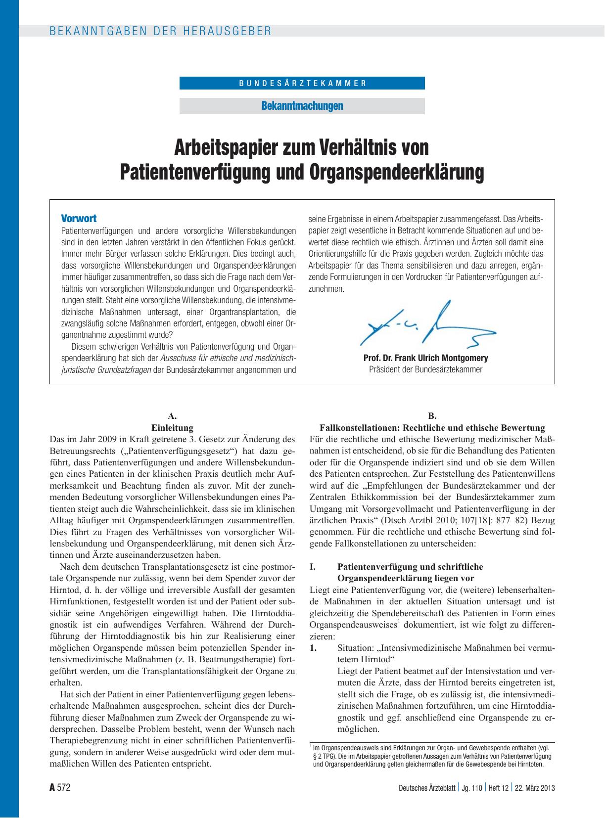 Vorschauseite 1: Arbeitspapier zum Verhältnis von Patientenverfügung und Organspendeerklärung