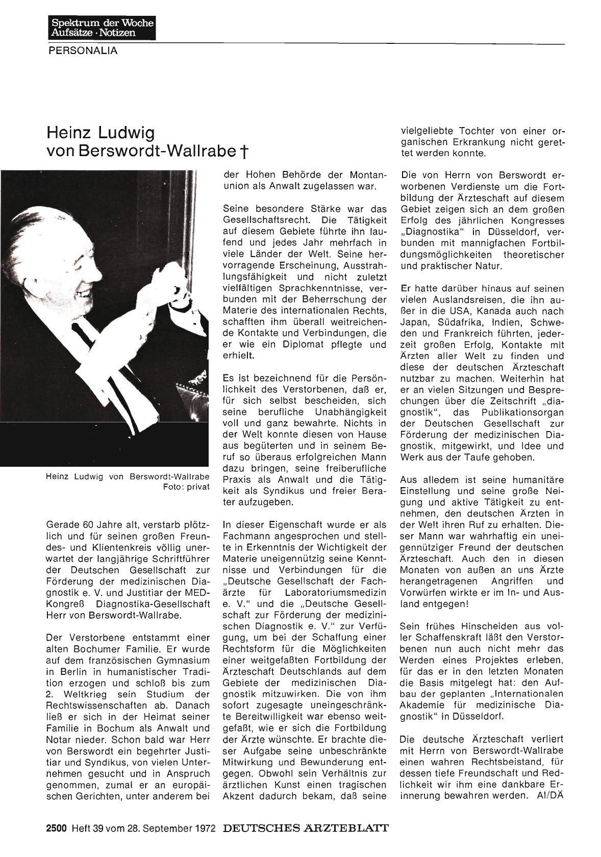 Vorschauseite 1: Heinz Ludwig von Berswordt-Wallrabe †