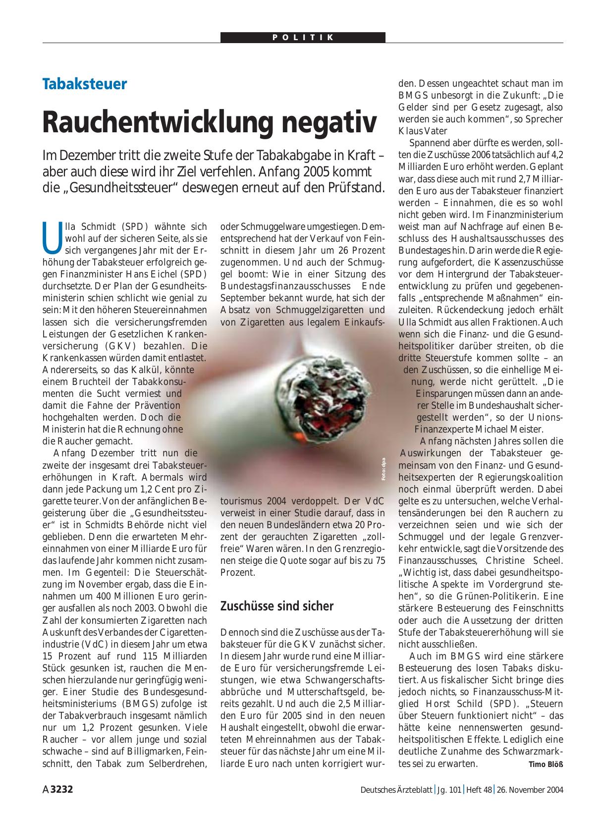 Vorschauseite 1: Tabaksteuer: Rauchentwicklung negativ