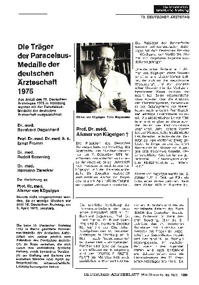 Vorschauseite 1: Die Träger der Paracelsus-Medaille der deutschen Ärzteschaft 1975
