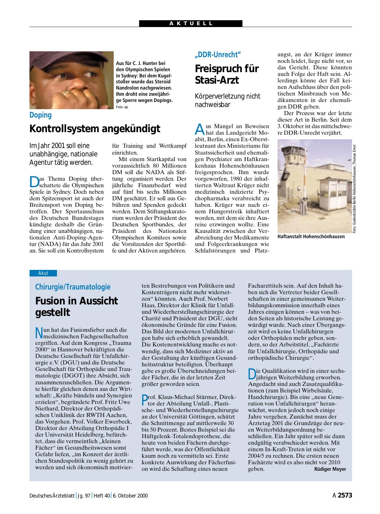 Vorschauseite 1: „DDR-Unrecht“: Freispruch für Stasi-Arzt