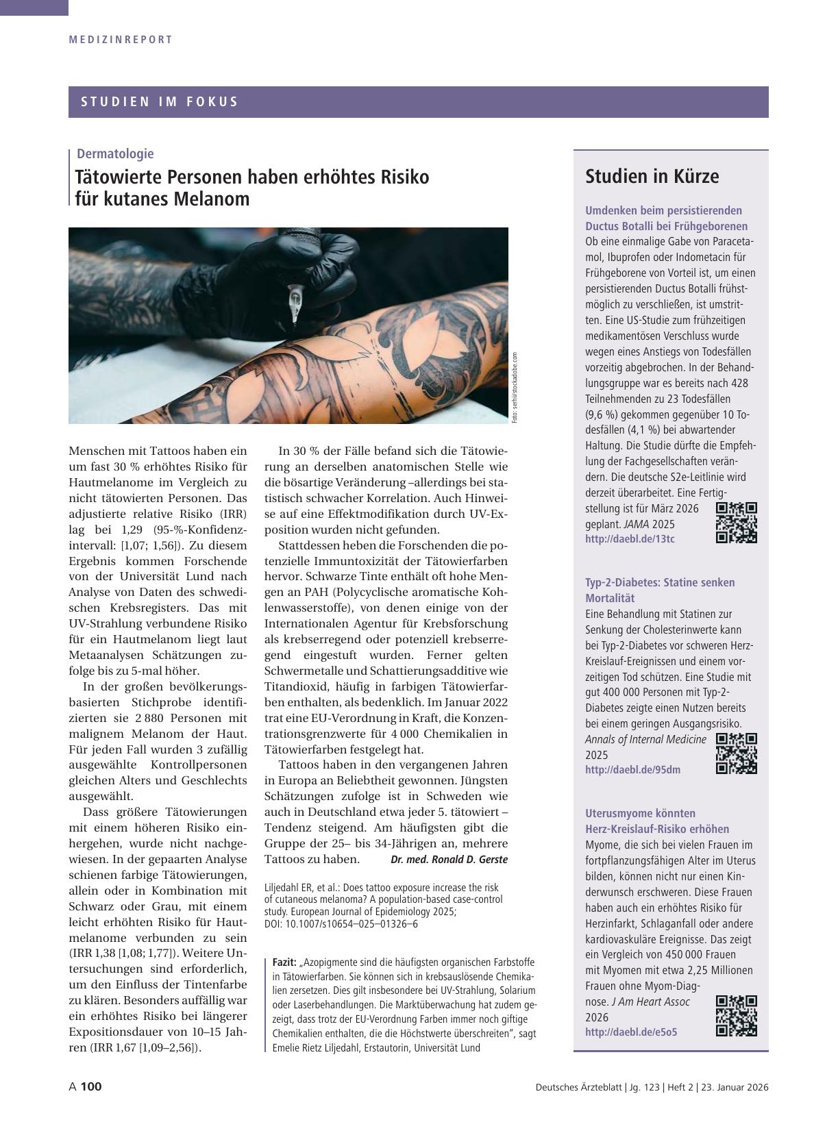 Vorschauseite 1: Dermatologie: Tätowierte Personen haben erhöhtes Risiko für kutanes Melanom
