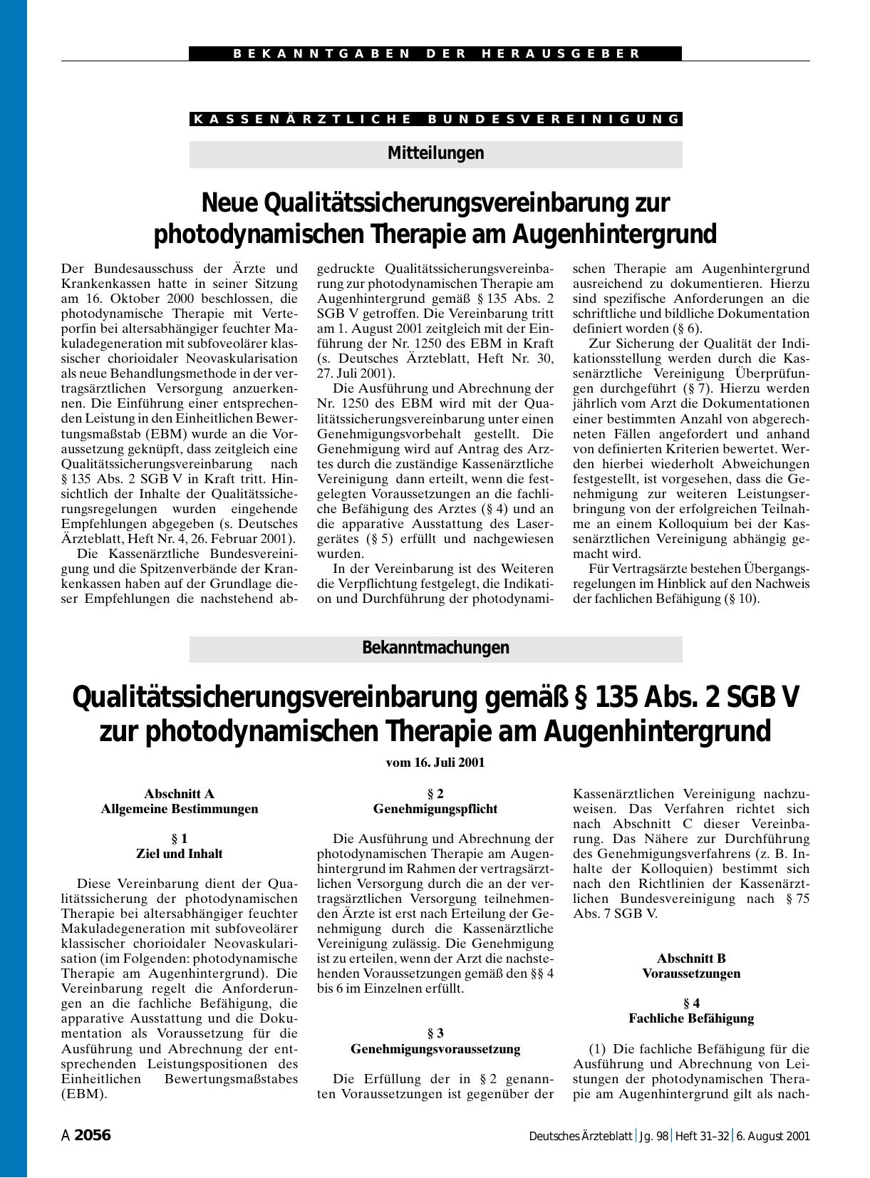 Vorschauseite 1: Qualitätssicherungsvereinbarung gemäß § 135 Abs. 2 SGB V zur photodynamischen Therapie am Augenhintergrund vom 16. Juli 2001