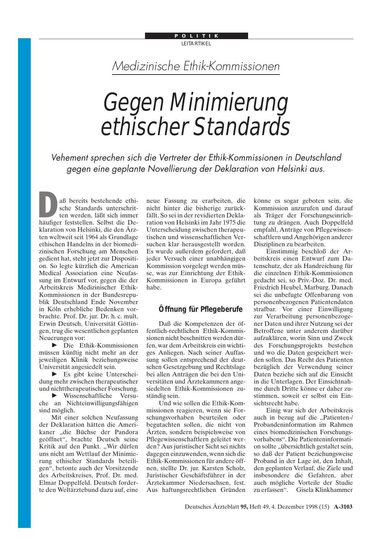 Vorschauseite 1: Medizinische Ethik-Kommissionen: Gegen Minimierung ethischer Standards