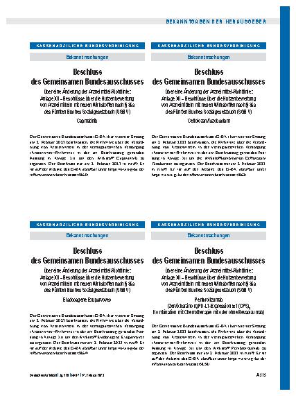 Vorschauseite 1: Beschluss des Gemeinsamen Bundesausschusses über eine Änderung der Arzneimittel-Richtlinie: Ceftolozan/Tazobactam