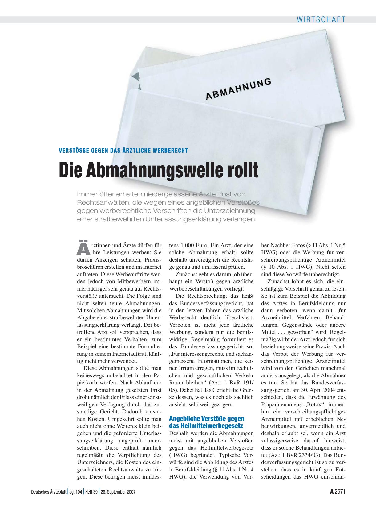 Vorschauseite 1: Verstösse gegen das ärztliche Werberecht: Die Abmahnungswelle rollt