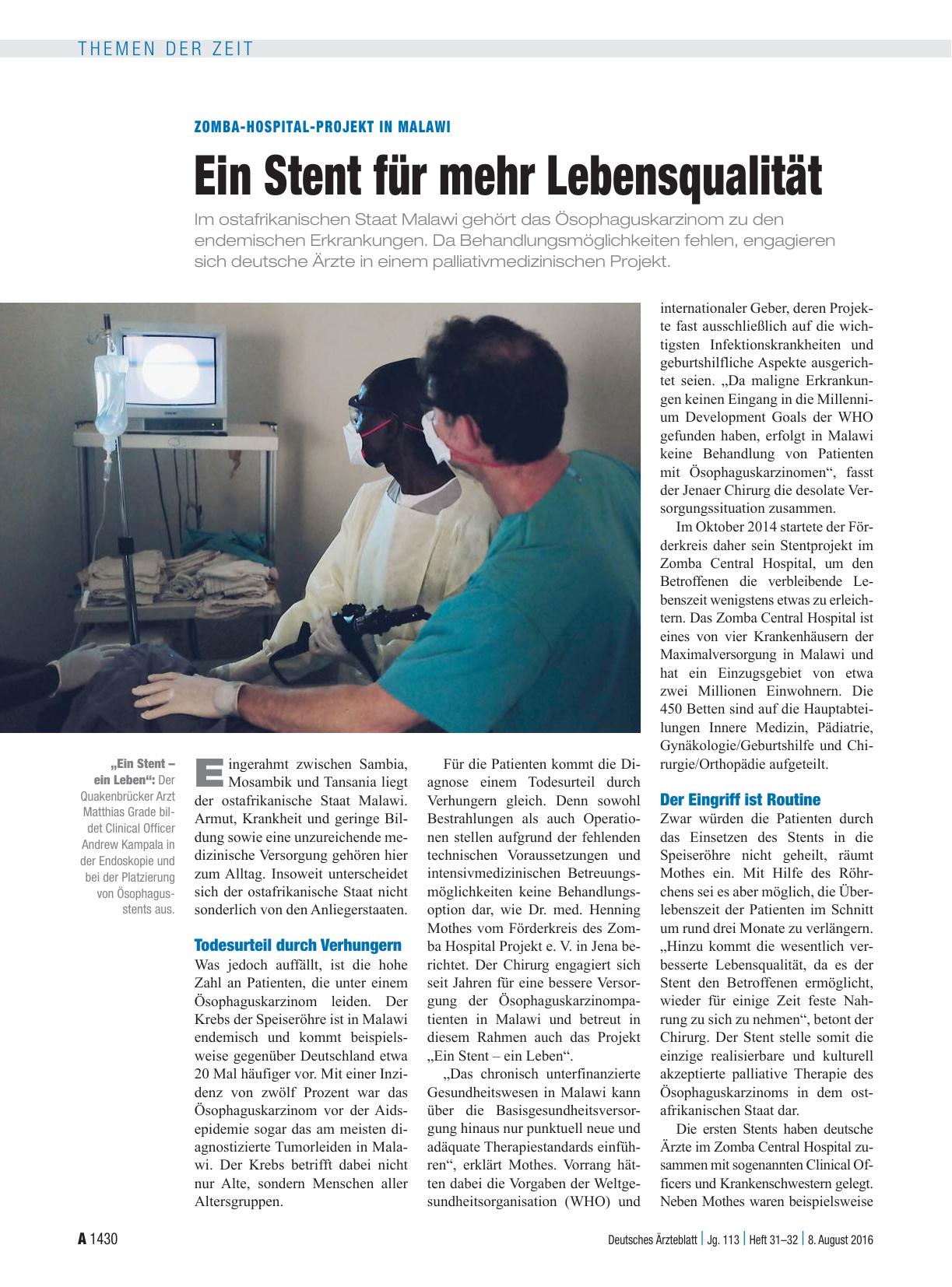 Vorschauseite 1: Zomba-Hospital-Projekt in Malawi: Ein Stent für mehr Lebensqualität