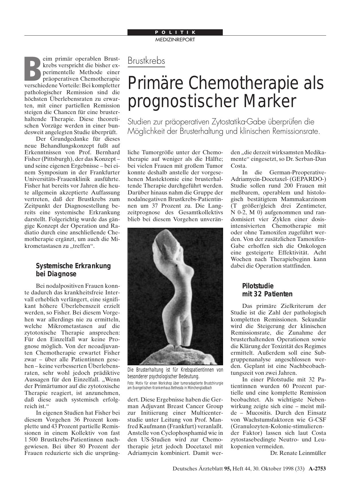 Vorschauseite 1: Brustkrebs: Primäre Chemotherapie als prognostischer Marker