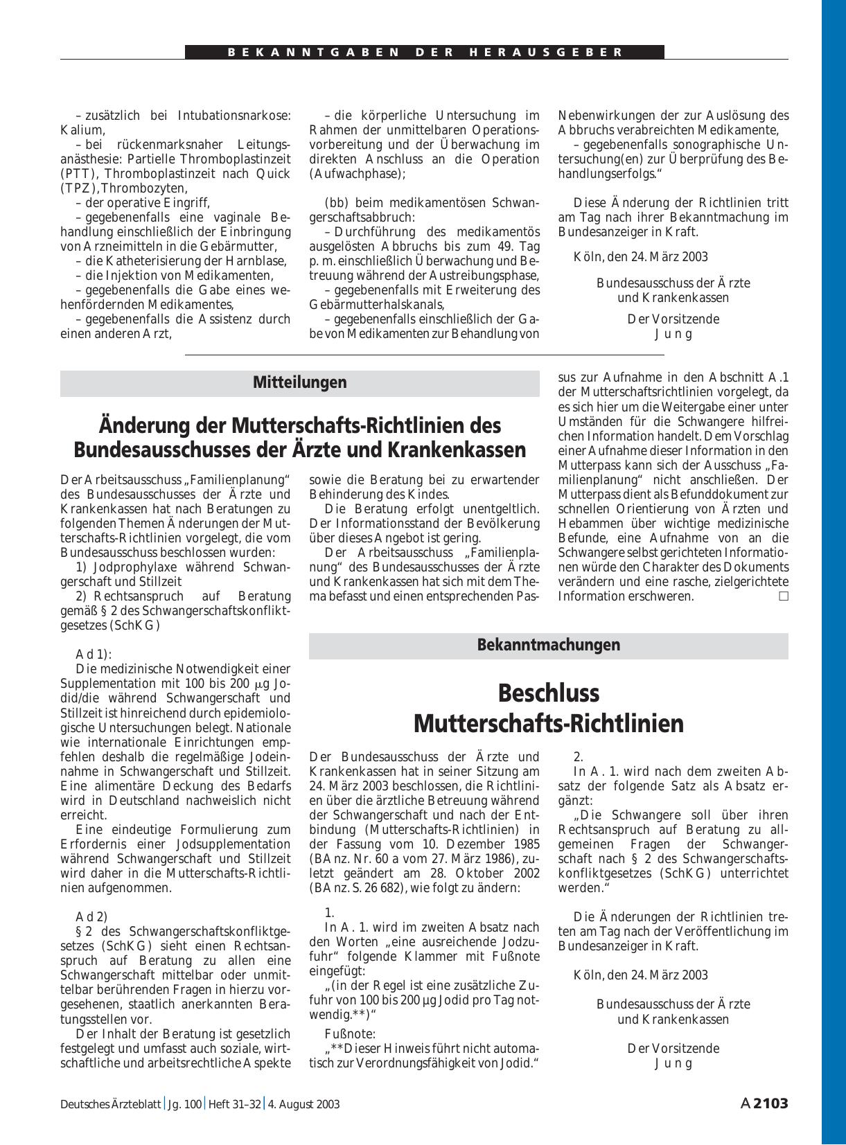 Vorschauseite 1: Mitteilungen: Änderung der Mutterschafts-Richtlinien des Bundesausschusses der Ärzte und Krankenkassen