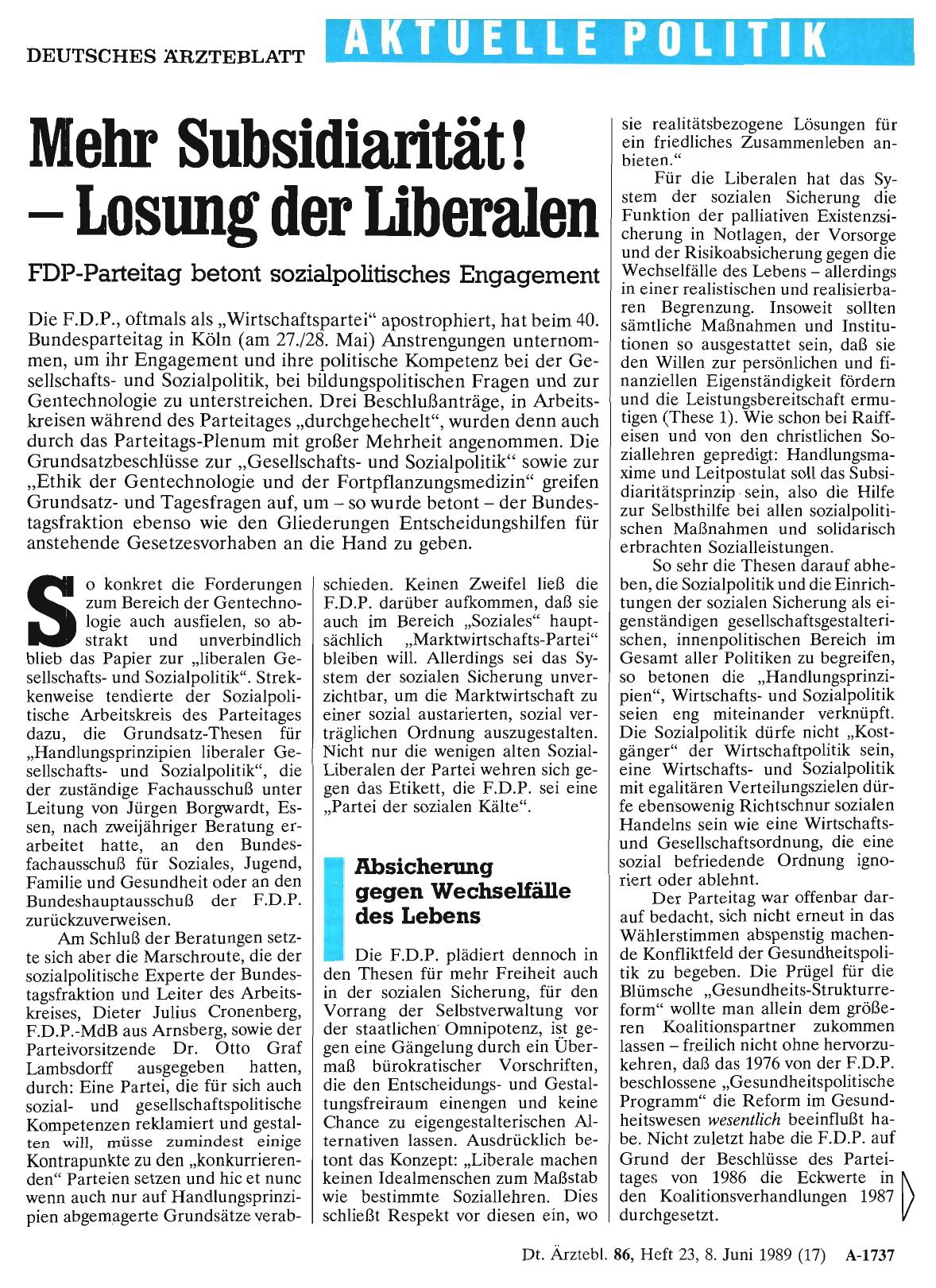 Vorschauseite 1: Mehr Subsidiarität! – Lösung der Liberalen