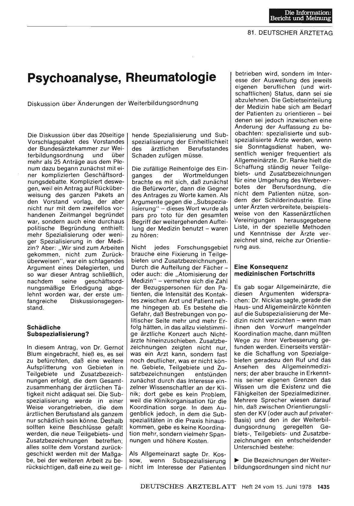 Vorschauseite 1: Psychoanalyse, Rheumatologie: Diskussion über Änderungen der Weiterbildungsordnung