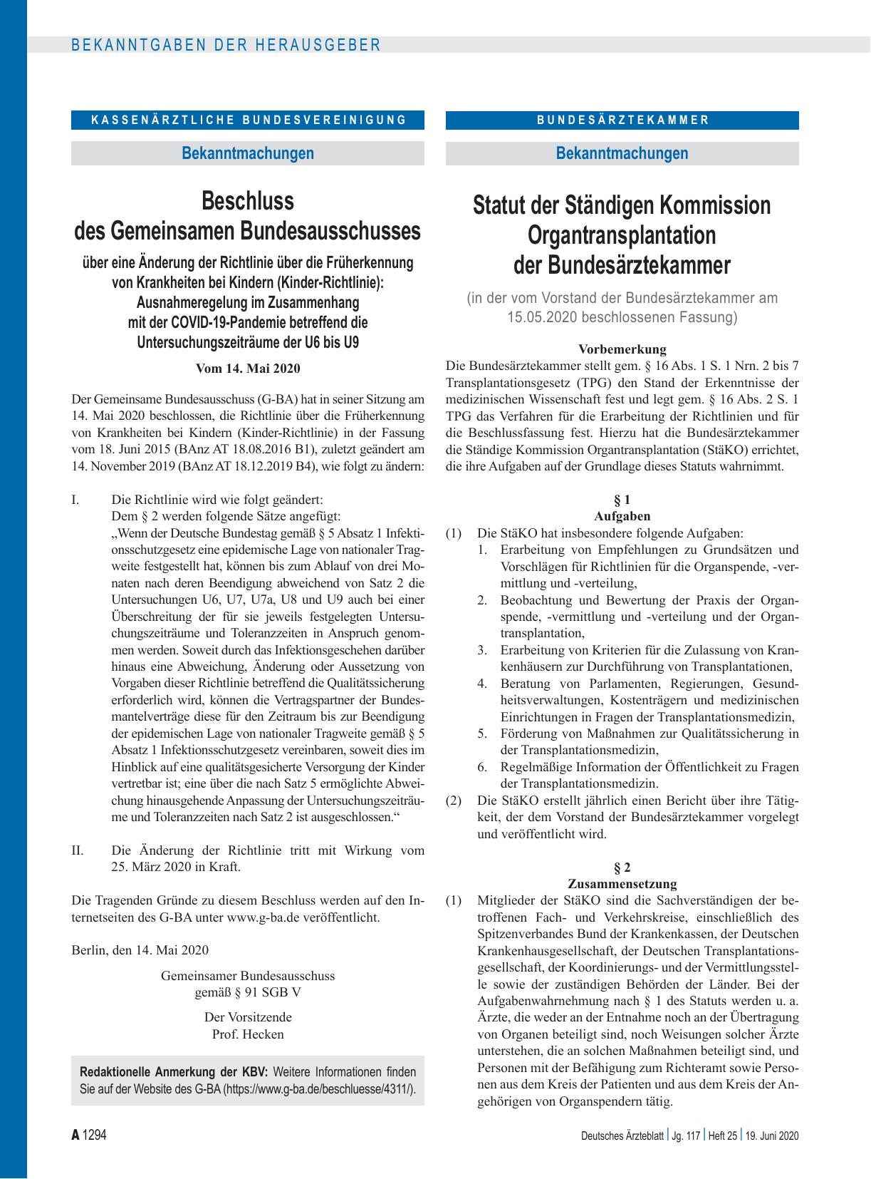 Vorschauseite 1: Statut der Ständigen Kommission Organtransplantation der Bundesärztekammer