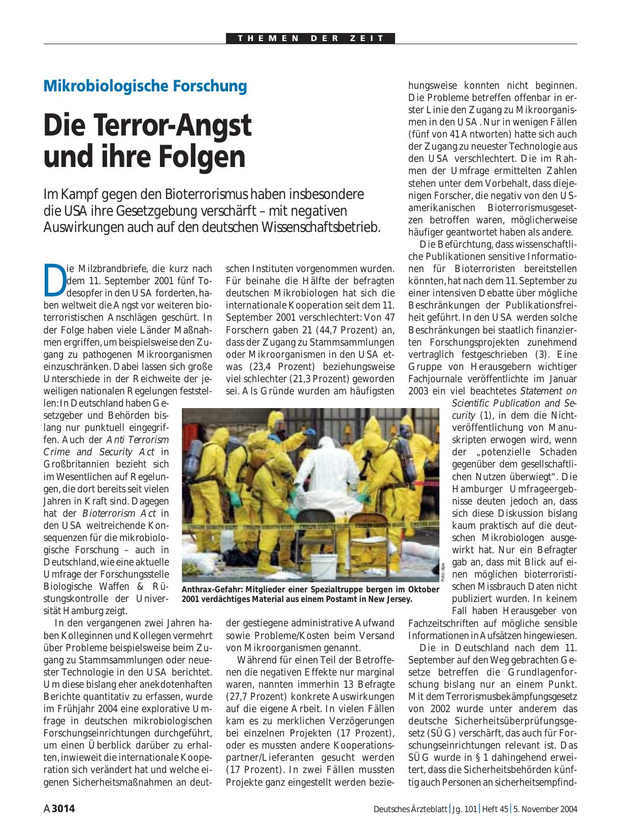 Vorschauseite 1: Mikrobiologische Forschung: Die Terror-Angst und ihre Folgen