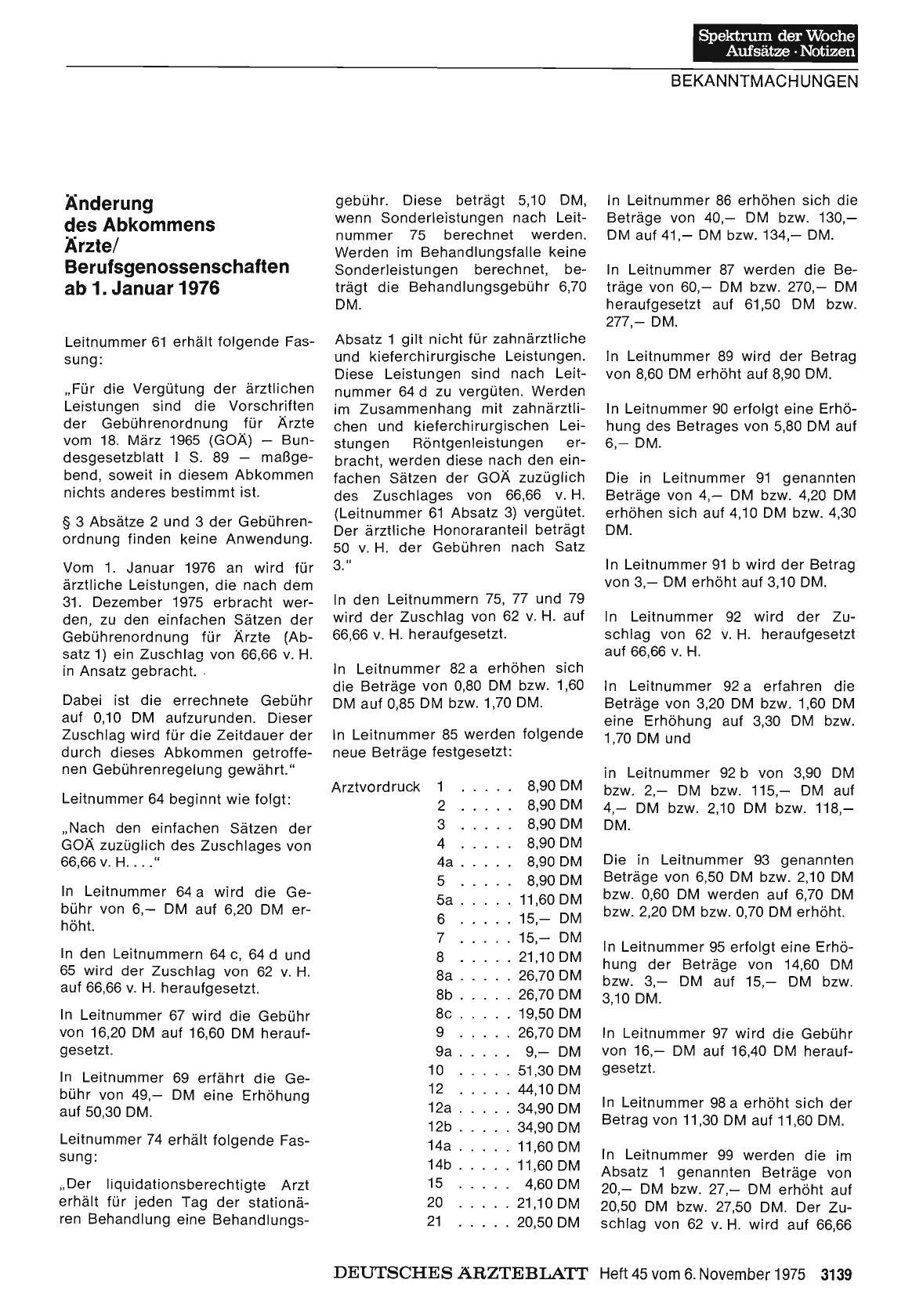 Vorschauseite 1: Kassenärztliche Bundesvereinigung: Änderung des Abkommens Ärzte/ Berufsgenossenschaften ab 1. Januar 1976
