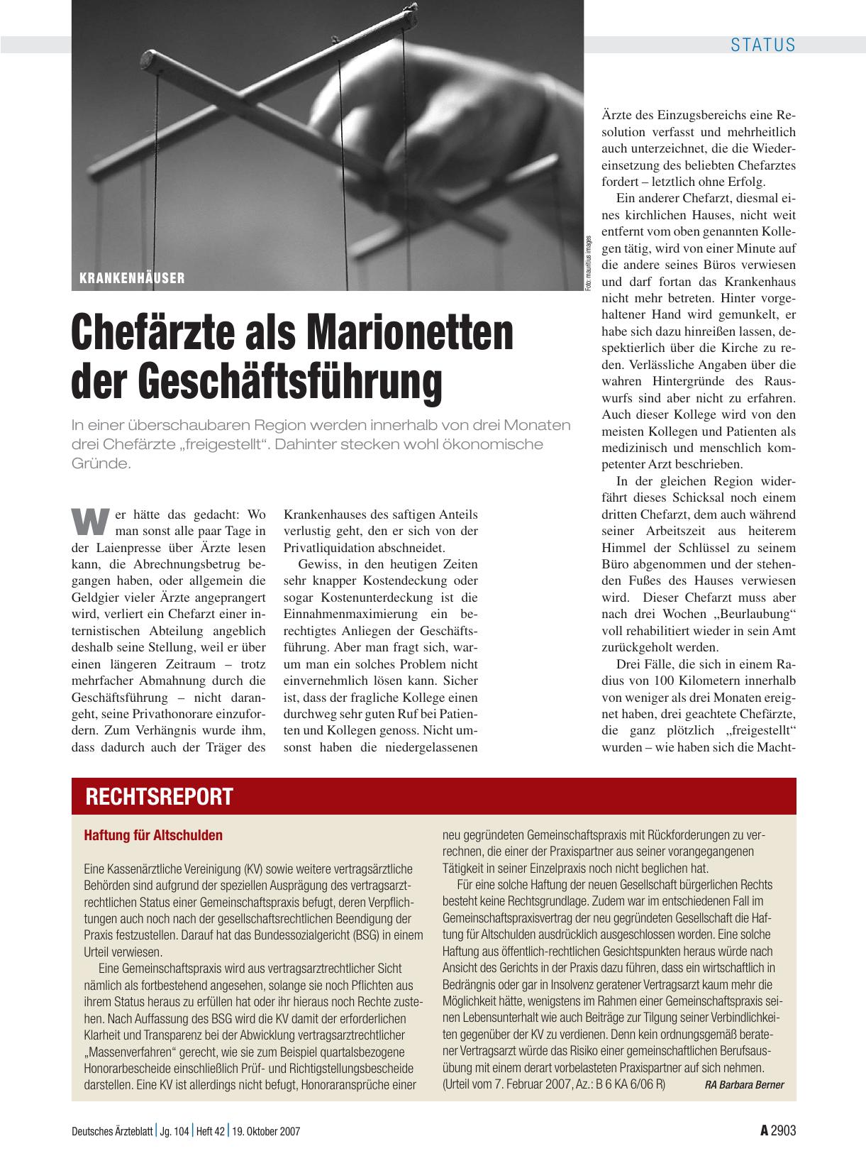 Vorschauseite 1: Krankenhäuser: Chefärzte als Marionetten der Geschäftsführung