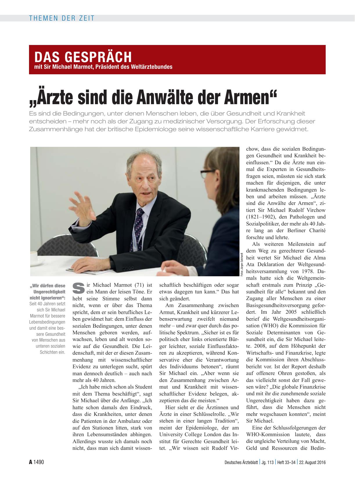 Vorschauseite 1: Das Gespräch mit Sir Michael Marmot, Präsident des Weltärztebundes: „Ärzte sind die Anwälte der Armen“