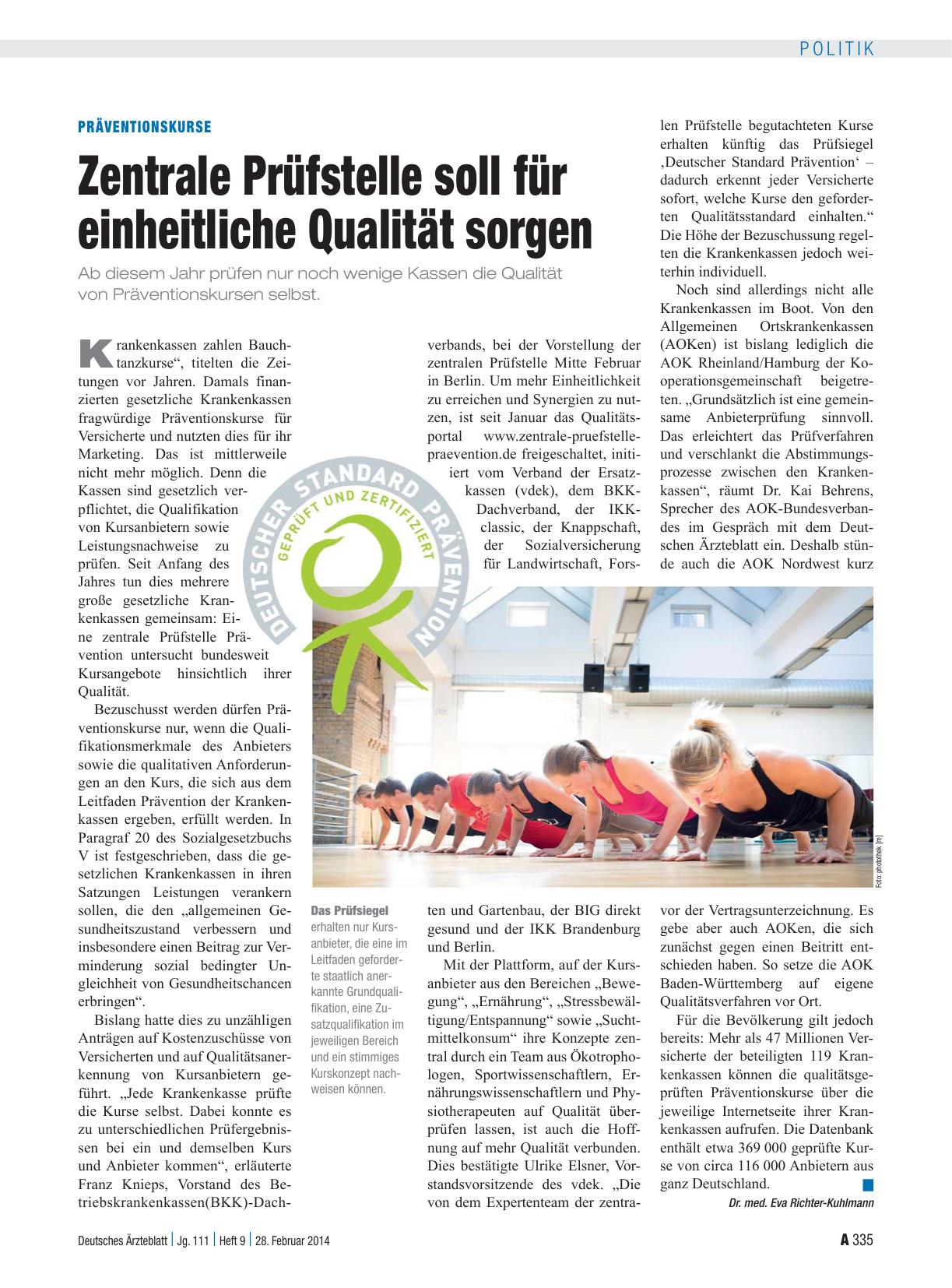 Vorschauseite 1: Präventionskurse: Zentrale Prüfstelle soll für einheitliche Qualität sorgen
