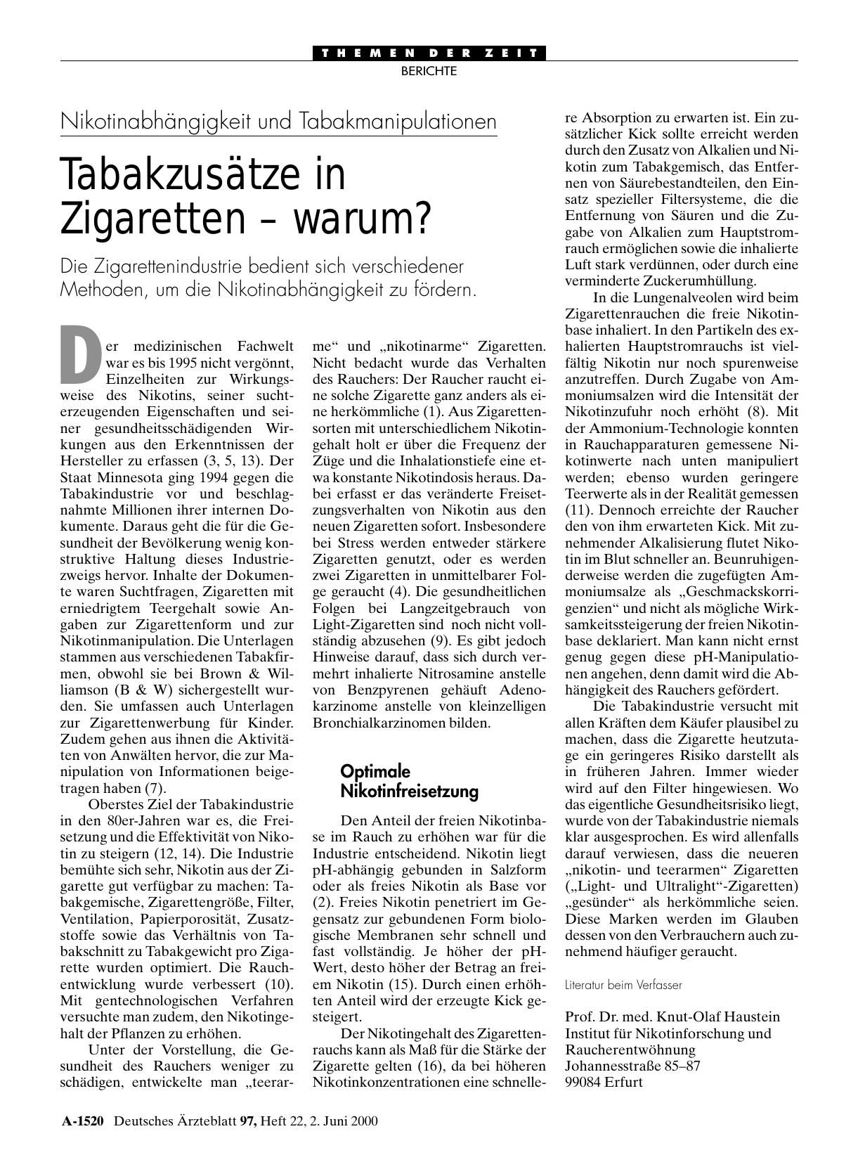 Vorschauseite 1: Nikotinabhängigkeit und Tabakmanipulationen: Tabakzusätze in Zigaretten – warum?