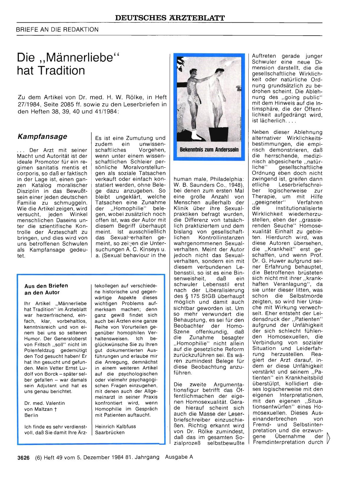 Vorschauseite 1: Die „Männerliebe“ hat Tradition: Aus den Briefen an den Autor