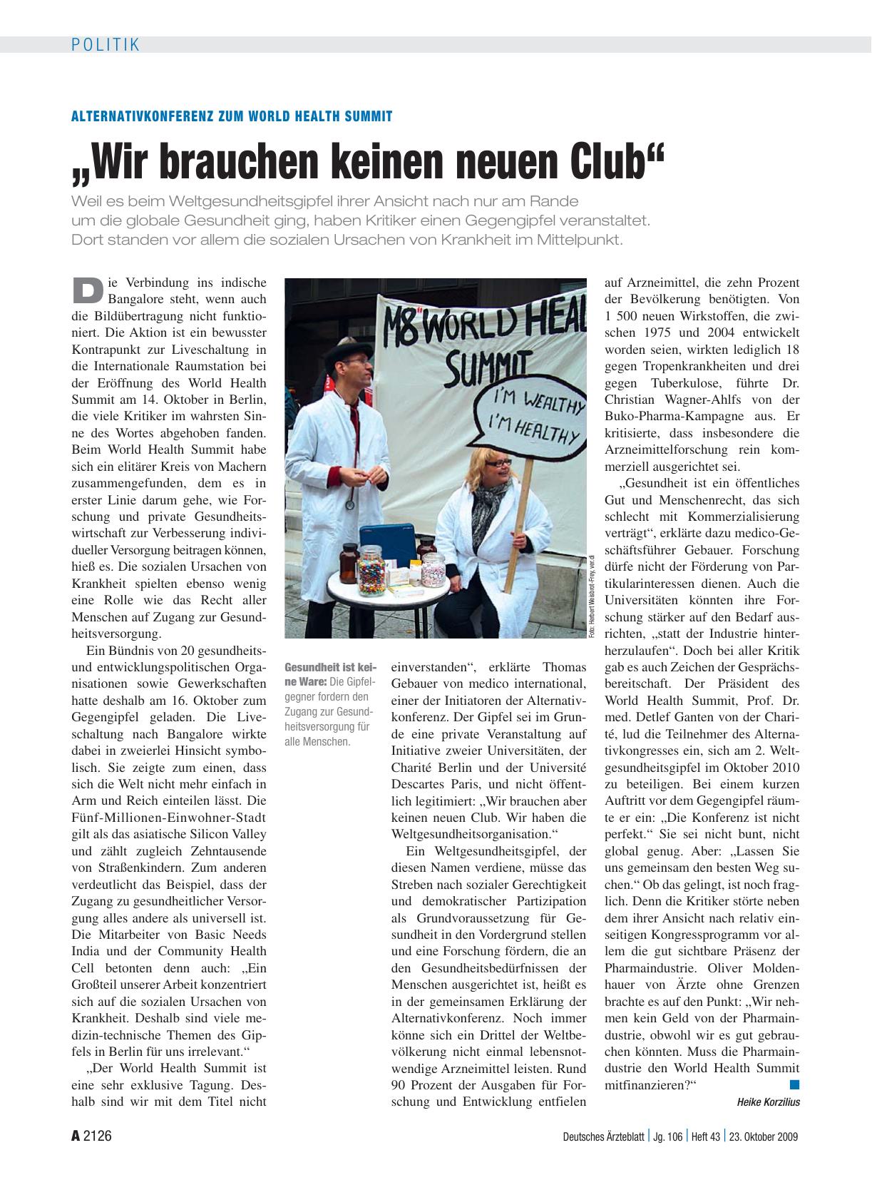 Vorschauseite 1: Alternativkonferenz zum World Health Summit: „Wir brauchen keinen neuen Club“