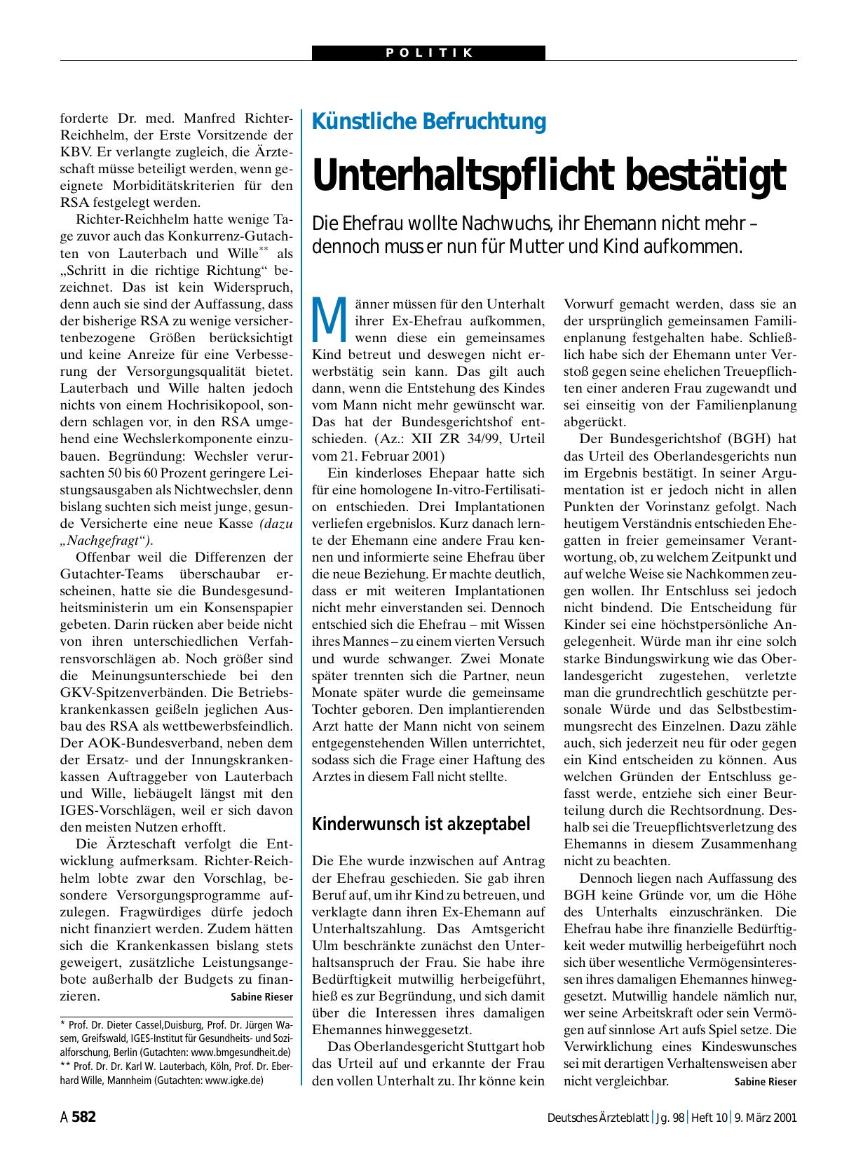 Vorschauseite 1: Künstliche Befruchtung: Unterhaltspflicht bestätigt