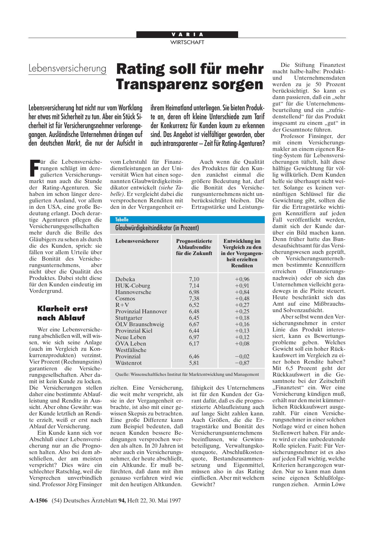 Vorschauseite 1: Lebensversicherung: Rating soll für mehr Transparenz sorgen