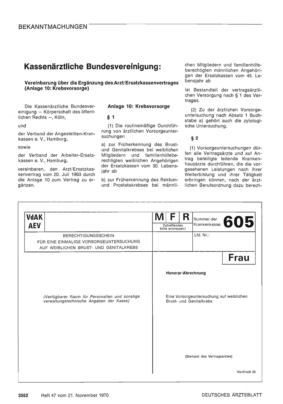 Vorschauseite 1: Kassenärztliche Bundesvereinigung: Vereinbarung über die Ergänzung des Arzt/Ersatzkassenvertrages (Anlage 10: Krebsvorsorge)