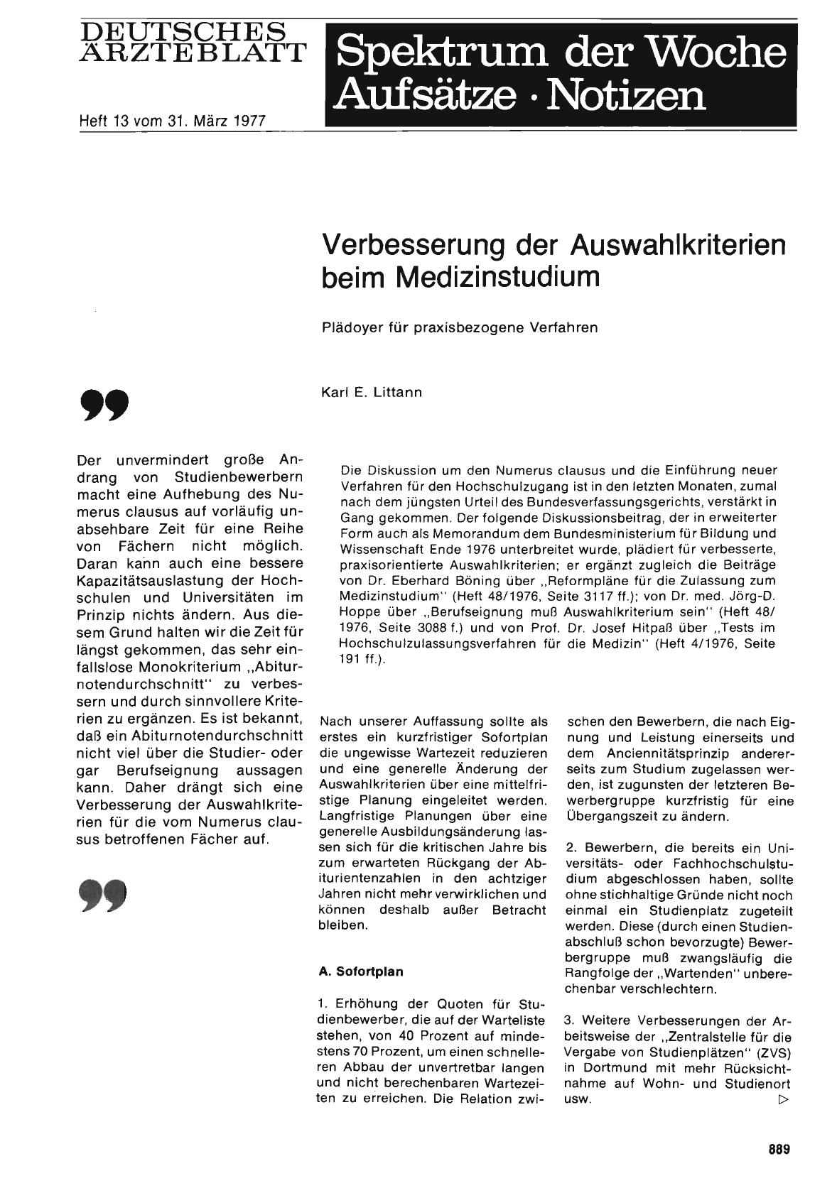 Vorschauseite 1: Verbesserung der Auswahlkriterien beim Medizinstudium: Plädoyer für praxisbezogene Verfahren