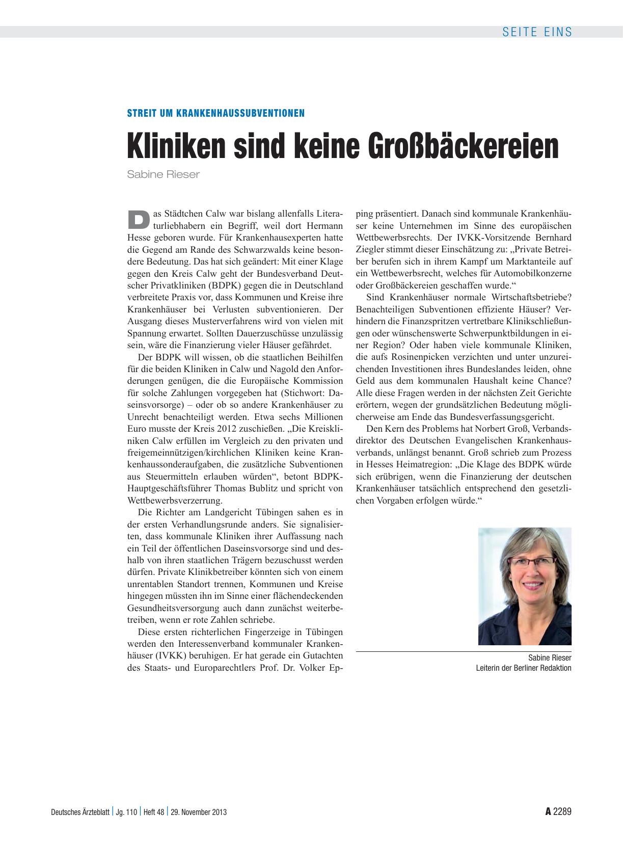 Vorschauseite 1: Streit um Krankenhaussubventionen: Kliniken sind keine Großbäckereien