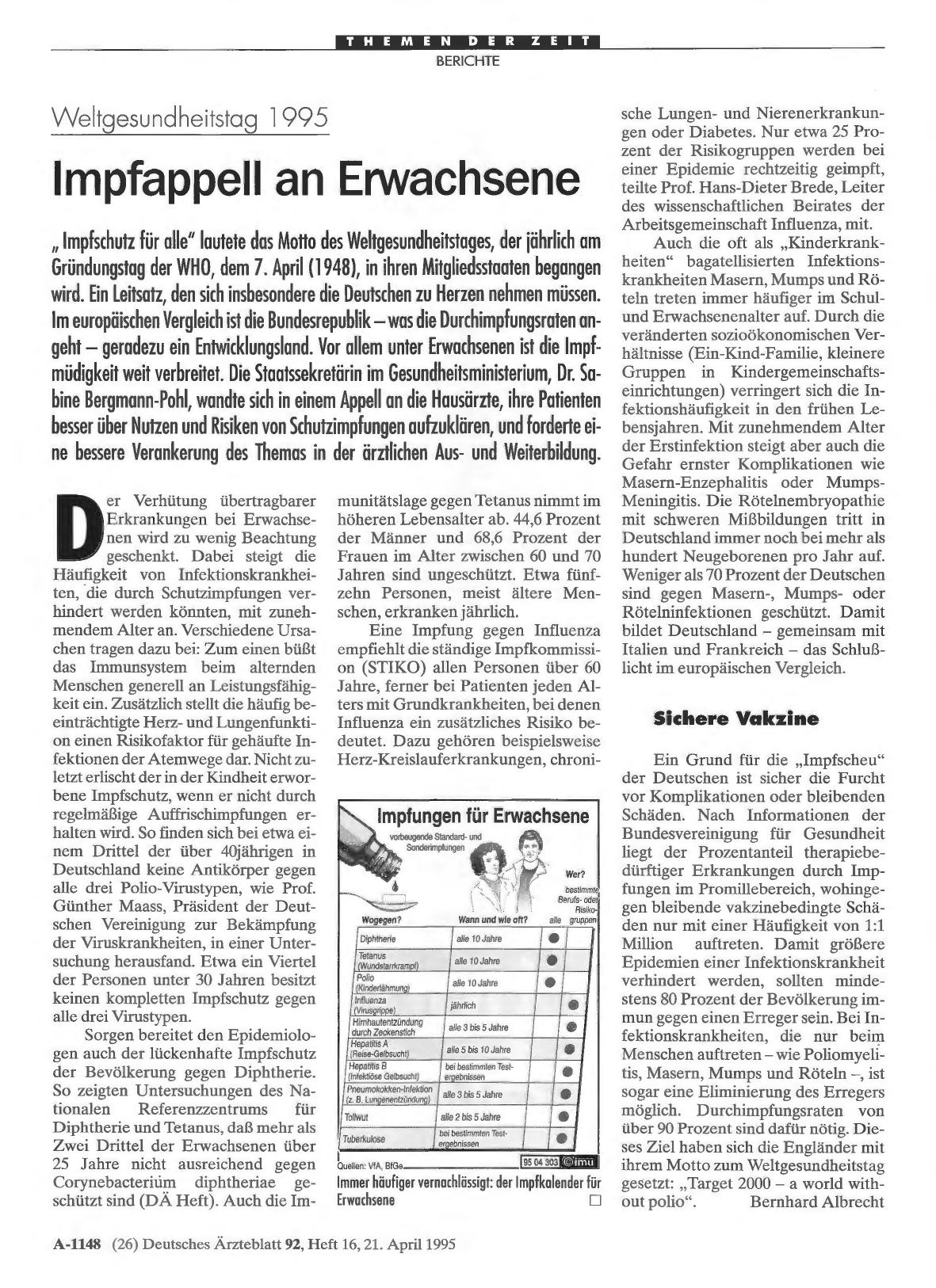 Vorschauseite 1: Weltgesundheitstag 1995: Impfappell an Erwachsene