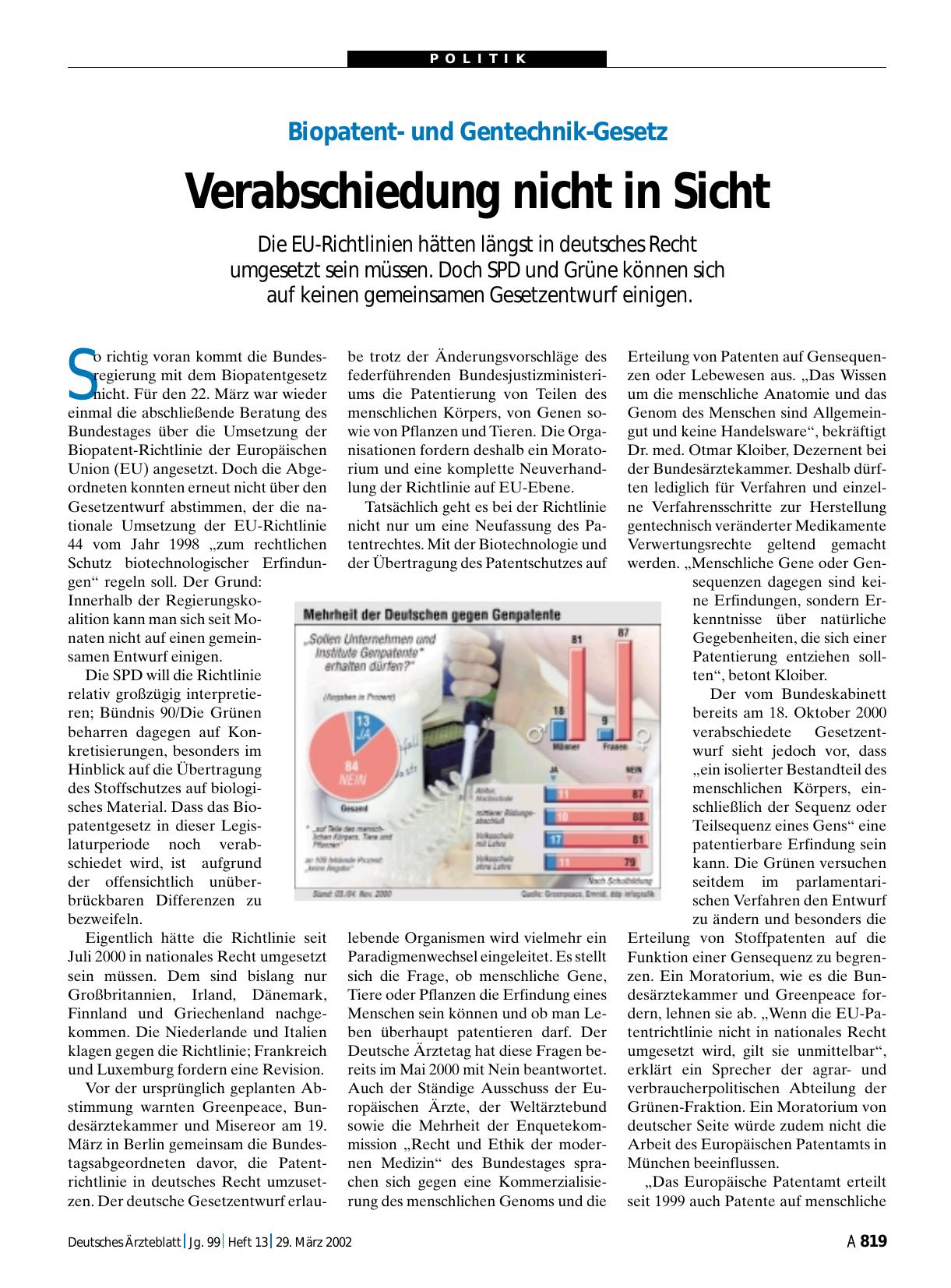 Vorschauseite 1: Biopatentund Gentechnik-Gesetz: Verabschiedung nicht in Sicht