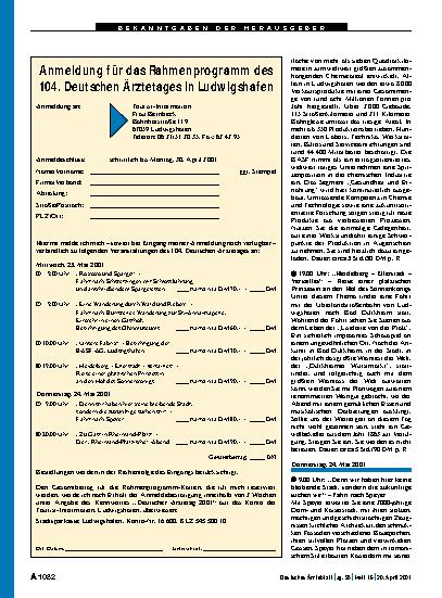 Vorschauseite 1: Anmeldung für das Rahmenprogramm des 104. Deutschen Ärztetages in Ludwigshafen