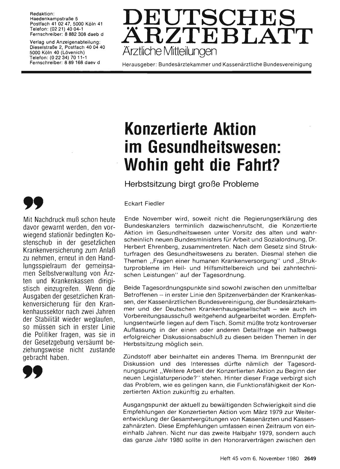Vorschauseite 1: Konzertierte Aktion im Gesundheitswesen: Wohin geht die Fahrt? - Herbstsitzung birgt große Proble