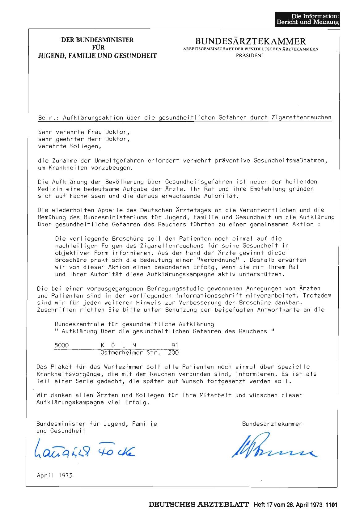 Vorschauseite 1: Betr. : Aufklärungsaktion über die gesundheitlichen Gefahren durch Zigarettenrauchen
