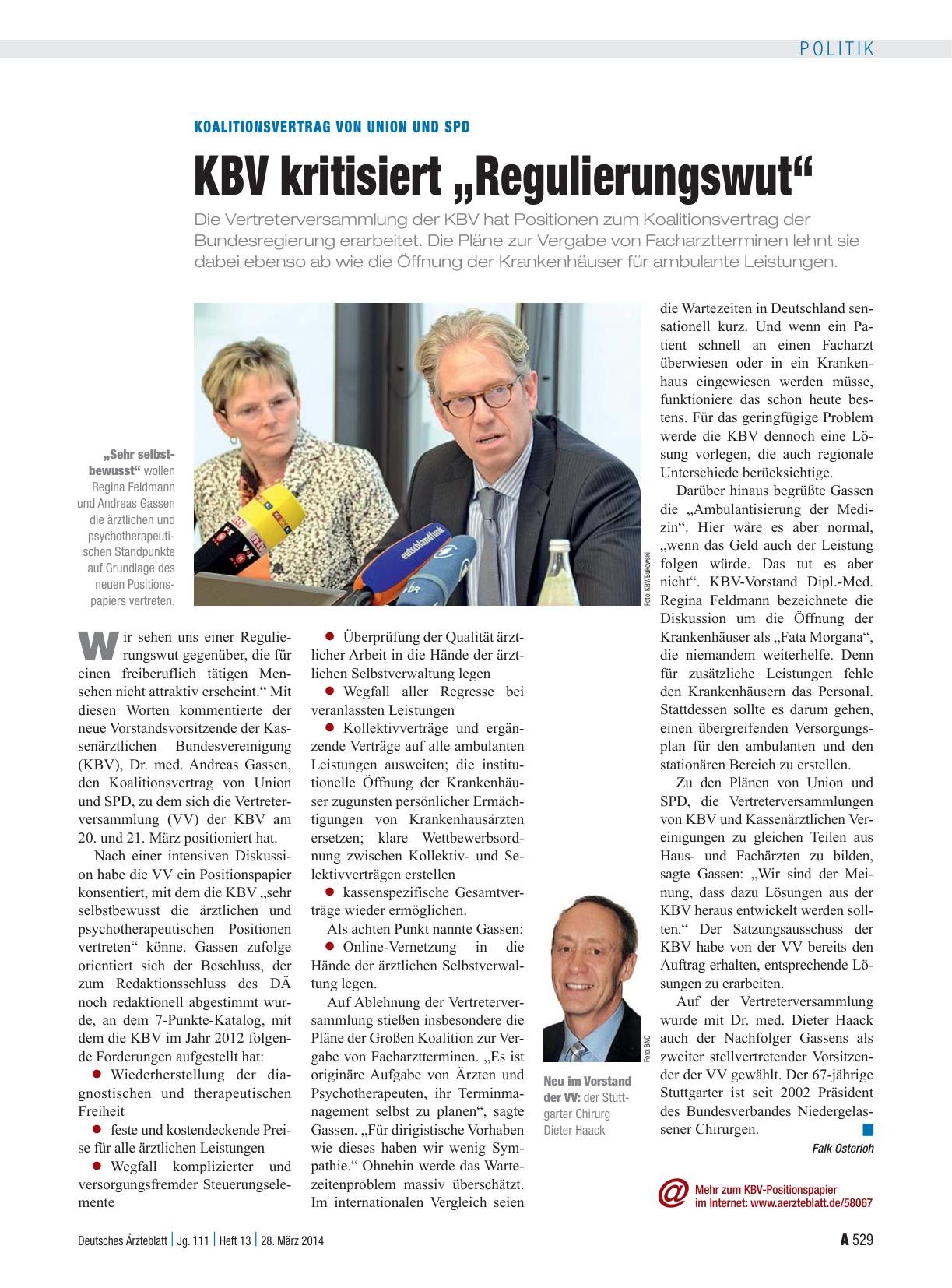 Vorschauseite 1: Koalitionsvertrag von Union und SPD: KBV kritisiert „Regulierungswut“
