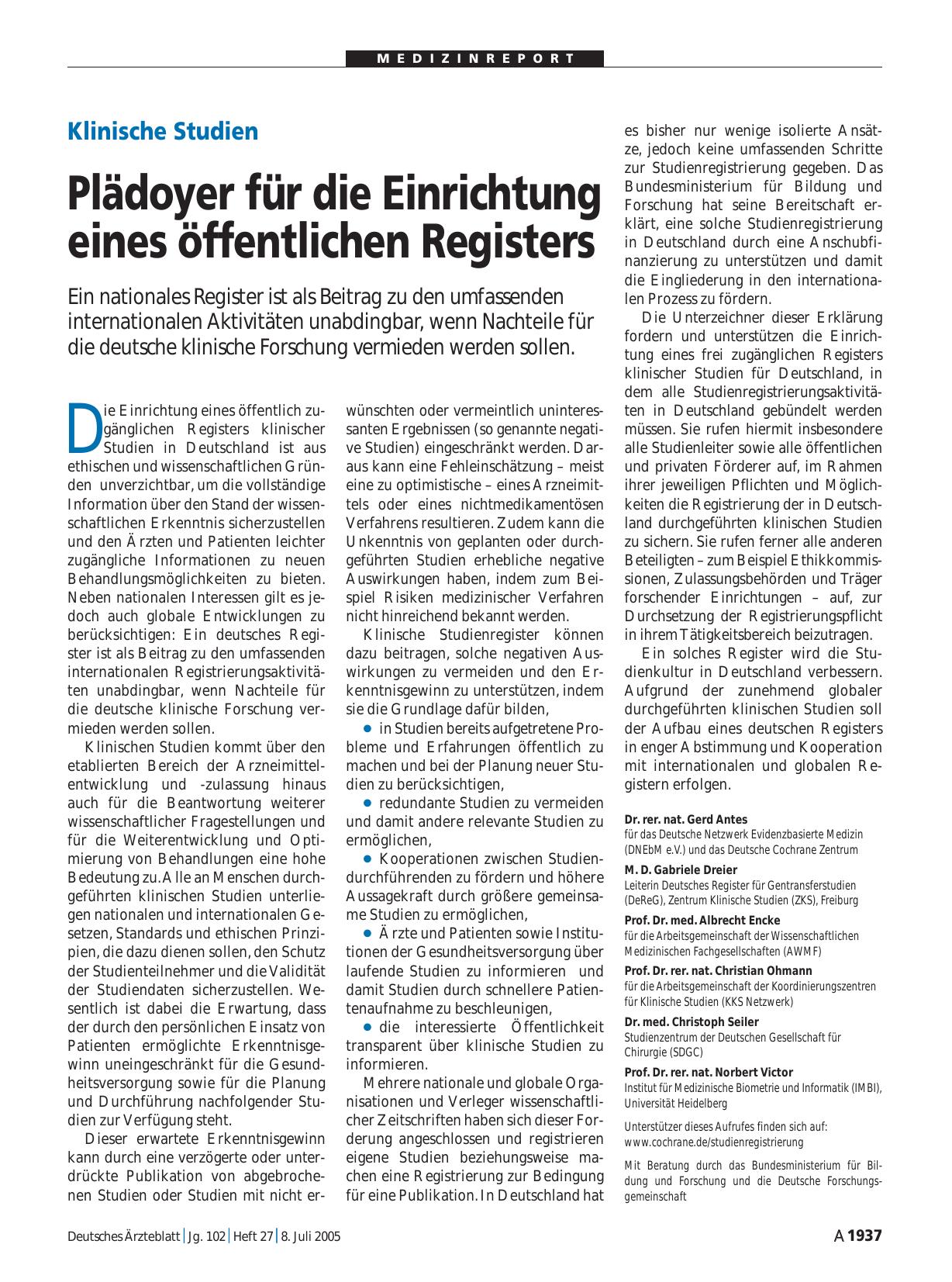 Vorschauseite 1: Klinische Studien: Plädoyer für die Einrichtung eines öffentlichen Registers