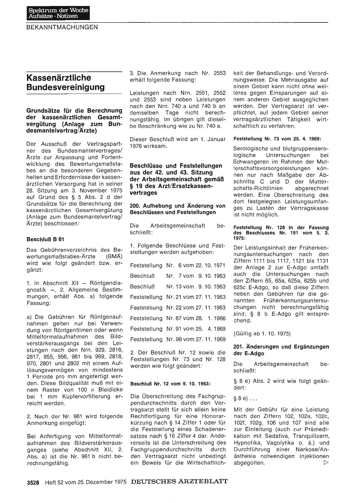 Vorschauseite 1: Kassenärztliche Bundesvereinigung: Beschlüsse und Feststellungen aus der 42. und 43. Sitzung der Arbeitsgemeinschaft gemäß § 19 des Arzt/Ersatzkassenvertrages