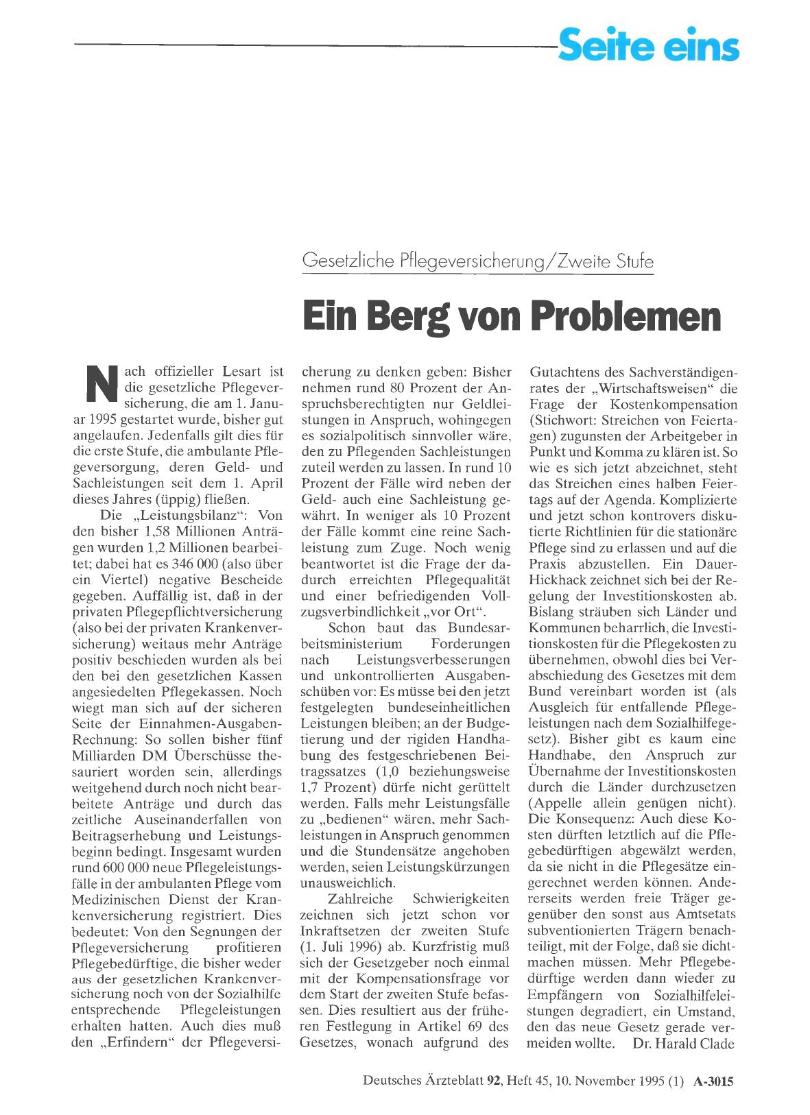 Vorschauseite 1: Gesetzliche Pflegeversicherung/Zweite Stufe: Ein Berg von Problemen