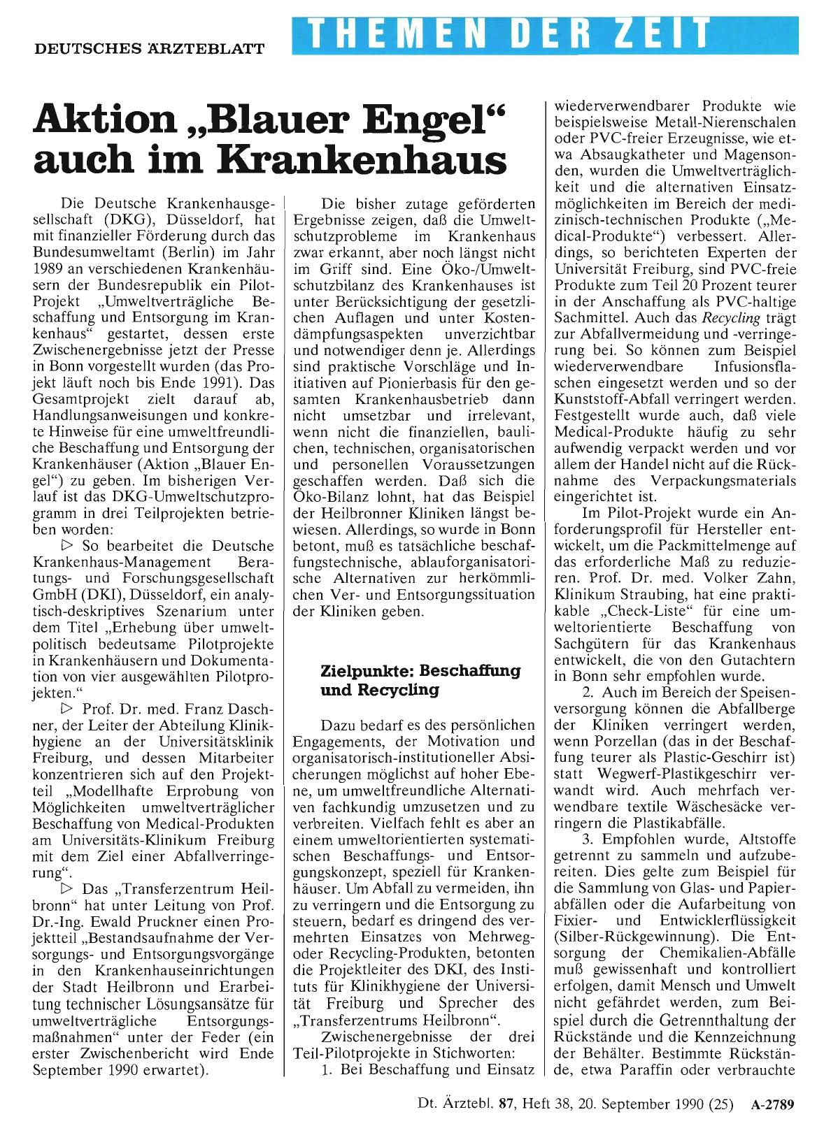 Vorschauseite 1: Aktion „Blauer Engel“ auch im Krankenhaus
