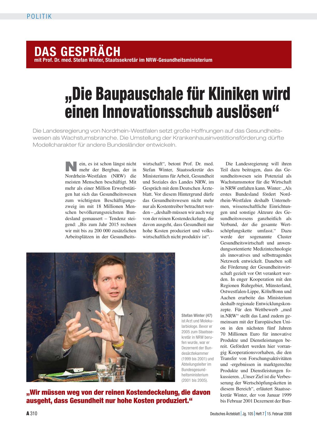 Vorschauseite 1: Das Gespräch: Prof. Dr. med. Stefan Winter, Staatssekretär im NRW-Gesundheitsministerium - „Die Baupauschale für Kliniken wird einen Innovationsschub auslösen“