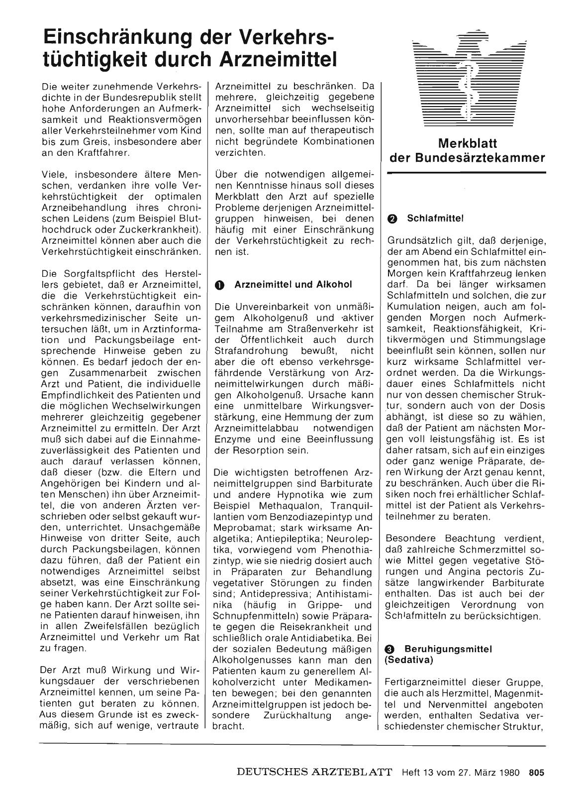 Vorschauseite 1: Merkblatt der Bundesärztekammer: Einschränkung der Verkehrstüchtigkeit durch Arzneimittel