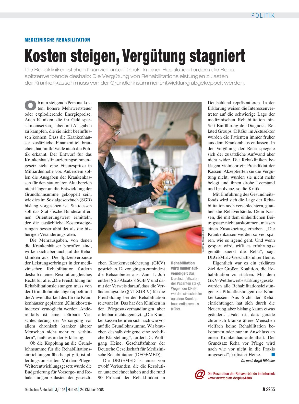 Vorschauseite 1: Medizinische Rehabilitation: Kosten steigen, Vergütung stagniert
