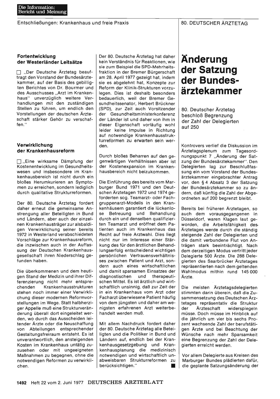 Vorschauseite 1: Änderung der Satzung der Bundesärztekammer: 80. Deutscher Ärztetag beschloß Begrenzung der Zahl der Delegierten auf 250