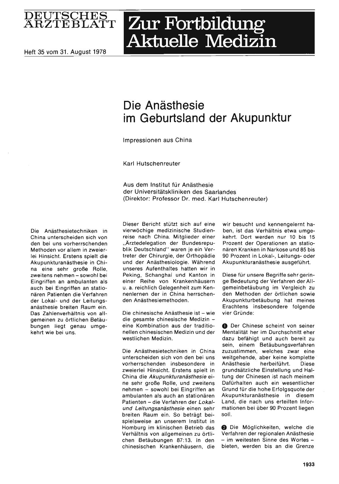 Vorschauseite 1: Die Anästhesie im Geburtsland der Akupunktur